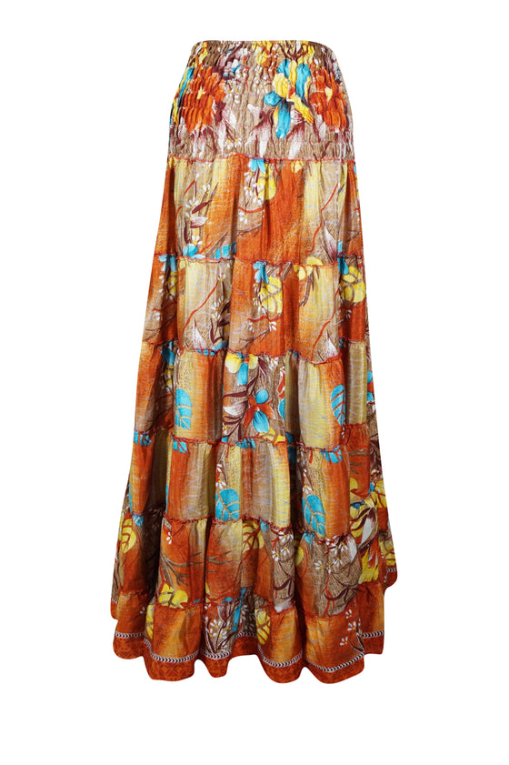 Womens Fire Orange Floral Beach Maxi Skirt Patchwork Boho Skirt Dress S/M