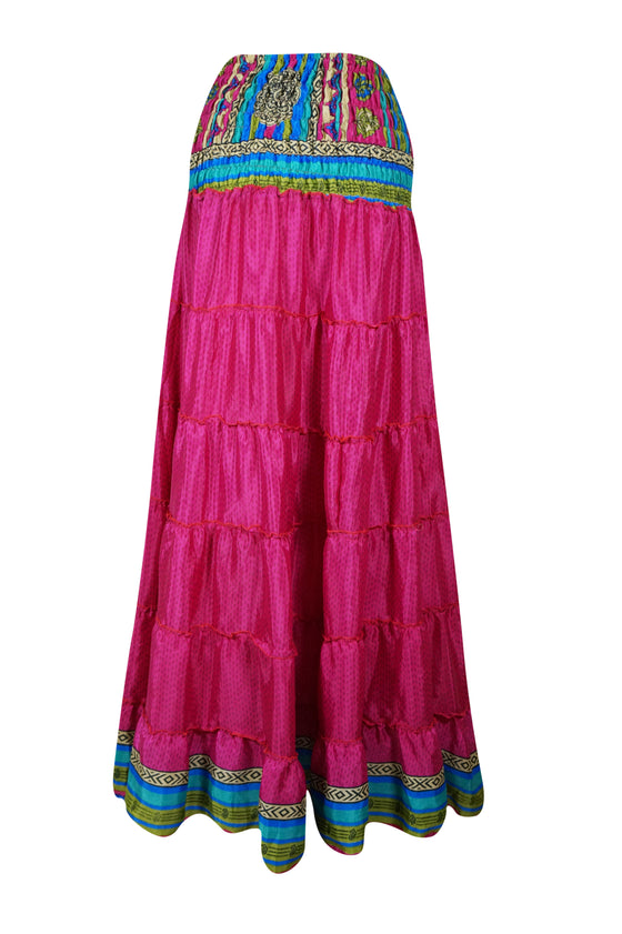 Bohemian Barbie Pink Floral Beach Maxi Skirt Stylish Boho Skirt Dress S/M