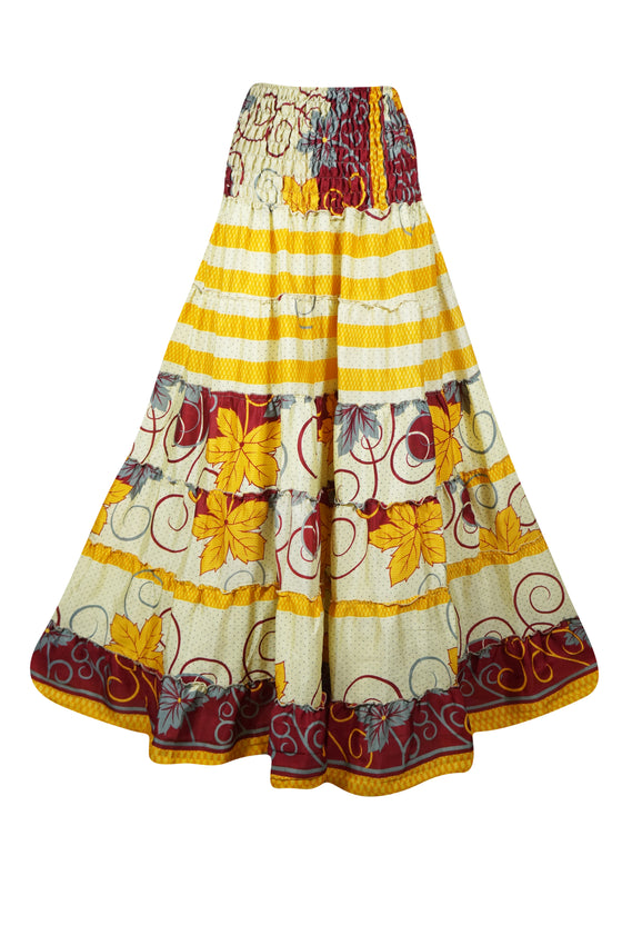 Women's Skirt Pineapple Yellow Floral Maxi Skirt Patchwork Boho Skirt Dress S/M