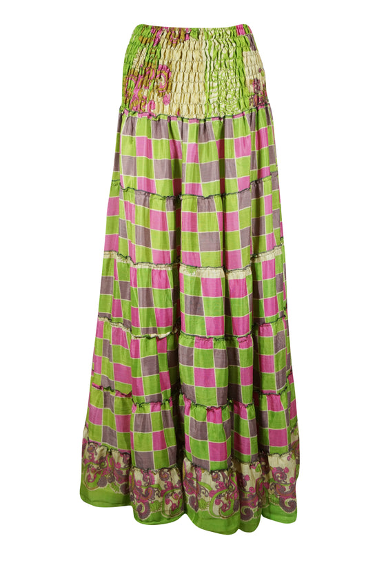 Summer Pear Green Floral Beach Maxi Skirt Patchwork Boho Skirt Dress S/M