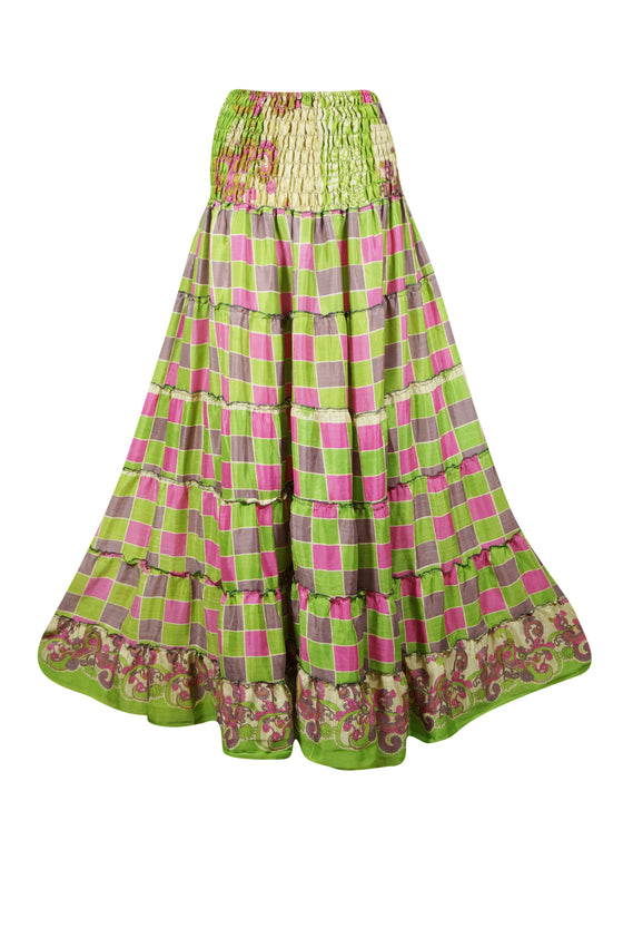 Summer Pear Green Floral Beach Maxi Skirt Patchwork Boho Skirt Dress S/M