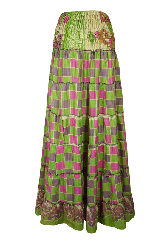 Summer Pear Green Floral Beach Maxi Skirt Patchwork Boho Skirt Dress S/M