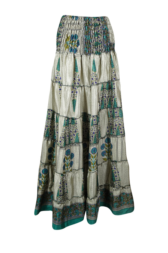 Summer Gray, Blue Floral Beach Maxi Skirt Patchwork Boho Skirt Dress S/M