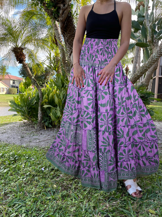 Summer Purple, Gray Floral Beach Maxi Skirt Patchwork Boho Skirt Dress S/M