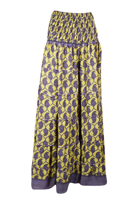 Summer Yellow, Purple Floral Beach Maxi Skirt Patchwork Boho Skirt Dress S/M