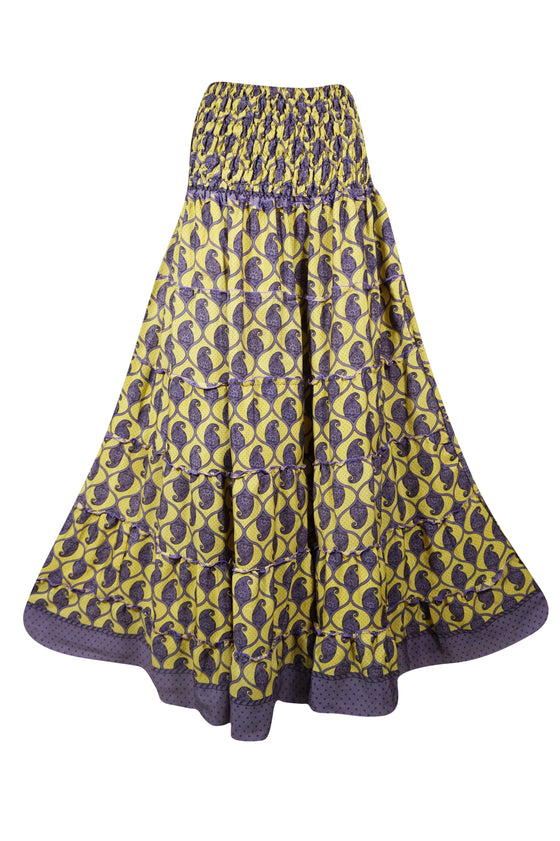 Summer Yellow, Purple Floral Beach Maxi Skirt Patchwork Boho Skirt Dress S/M