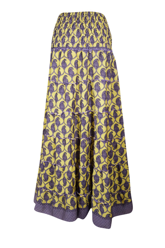 Summer Yellow Purple Floral Maxi Skirt Patchwork Boho Skirt Dress S/M