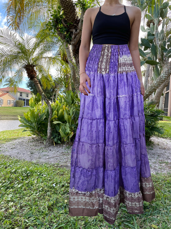 Summer Purple Floral Beach Maxi Skirt Patchwork Boho Skirt Dress S/M