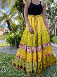  Womens  Yellow Floral Beach Maxi Skirt Patchwork Boho Skirt Dress S/M