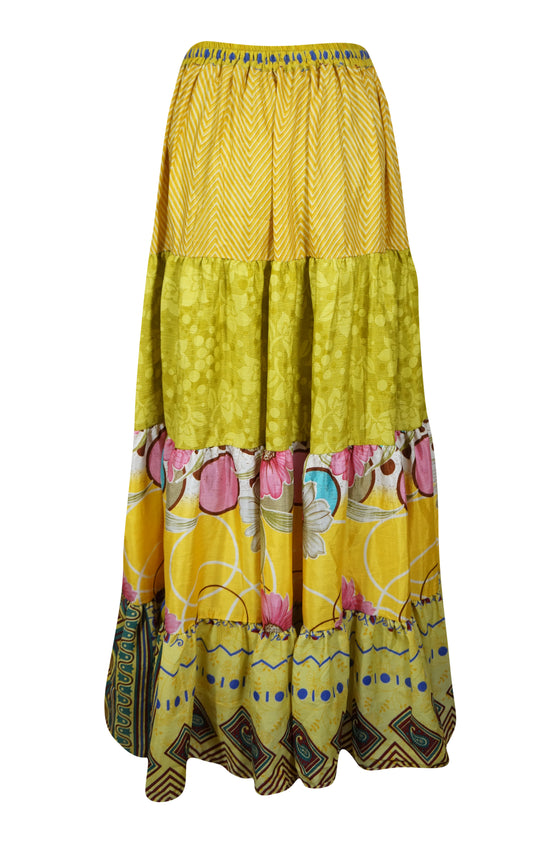 Womens  Yellow Floral Beach Maxi Skirt Patchwork Boho Skirt Dress S/M