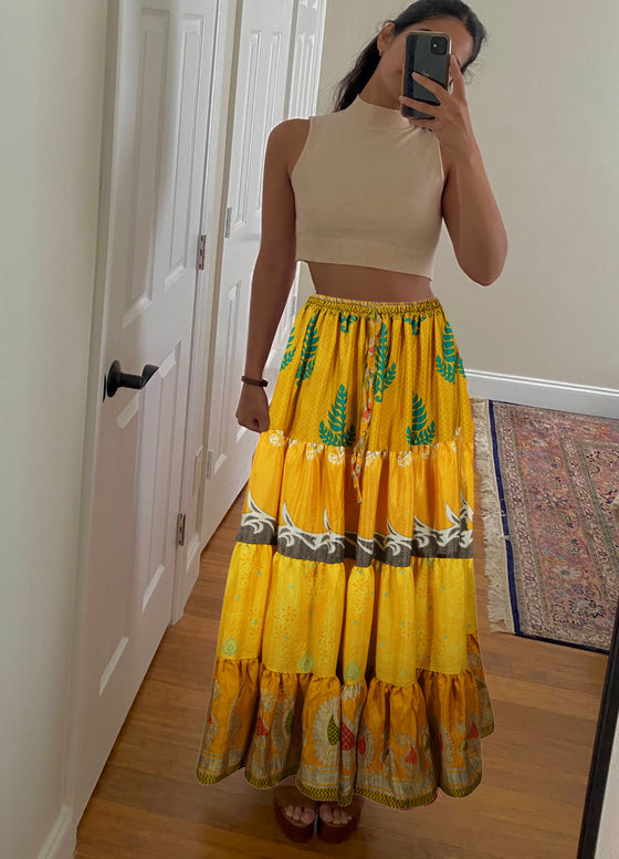 Bohemian Yellow Floral Summer Beach Maxi Skirt Stylish Boho Skirt Dress S/M