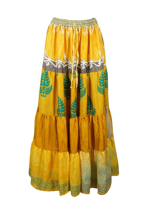 Bohemian Yellow Green Leaf Summer Beach Maxi Skirt Stylish Boho Skirt Dress S/M