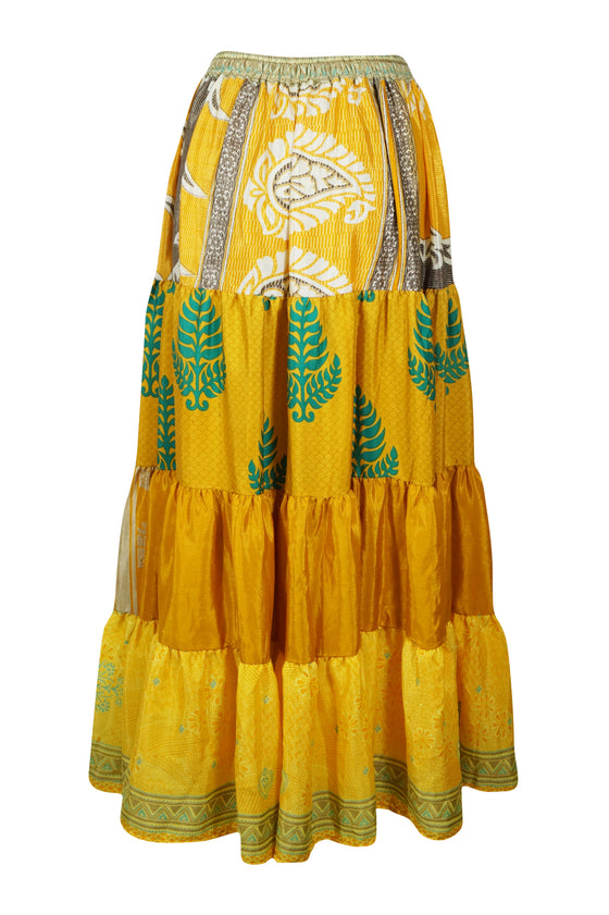 Bohemian Yellow Green Leaf Summer Beach Maxi Skirt Stylish Boho Skirt Dress S/M