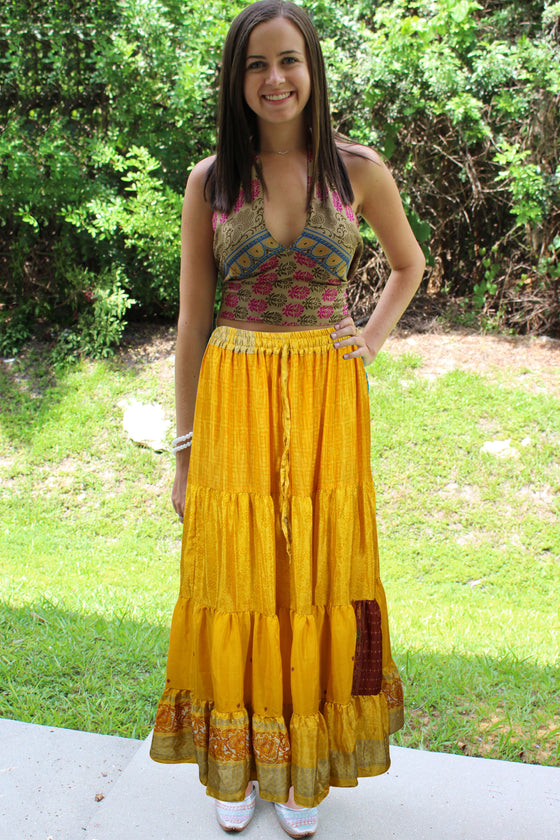 Bohemian Gold Yellow Summer Beach Maxi Skirt Stylish Boho Skirt Dress S/M