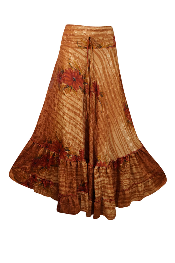 Womens Dark Orange Floral Beach Maxi Skirt Patchwork Boho Skirt Dress S/M