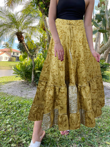  Womens Olive Green Floral Beach Maxi Skirt Patchwork Boho Skirt Dress S/M