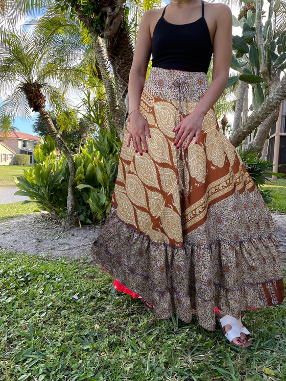 Womens Dark Brown Floral Beach Maxi Skirt Patchwork Boho Skirt Dress S/M