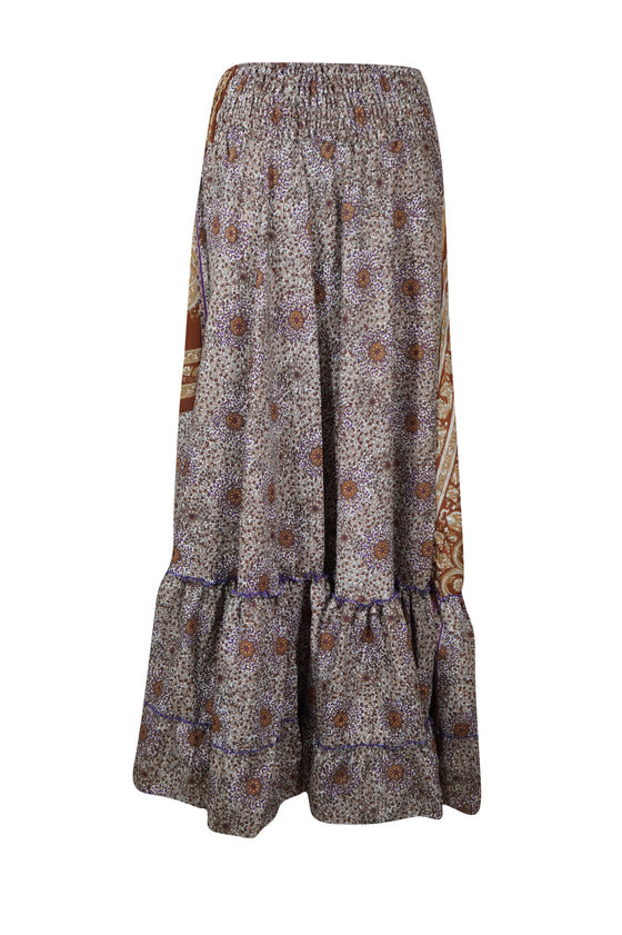 Womens Dark Brown Floral Beach Maxi Skirt Patchwork Boho Skirt Dress S/M