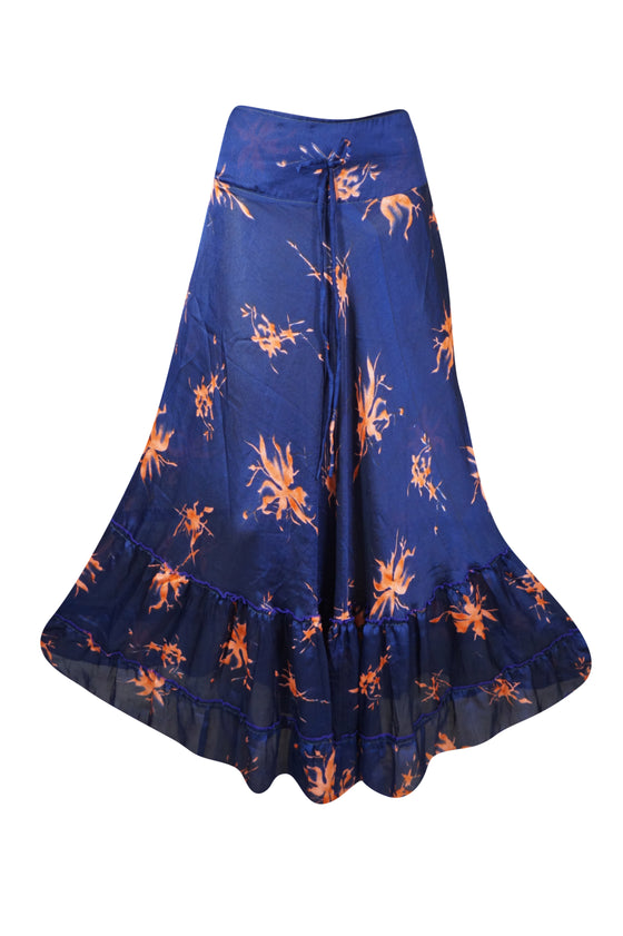 Womens Azure Blue Floral Beach Maxi Skirt Patchwork Boho Skirt Dress S/M