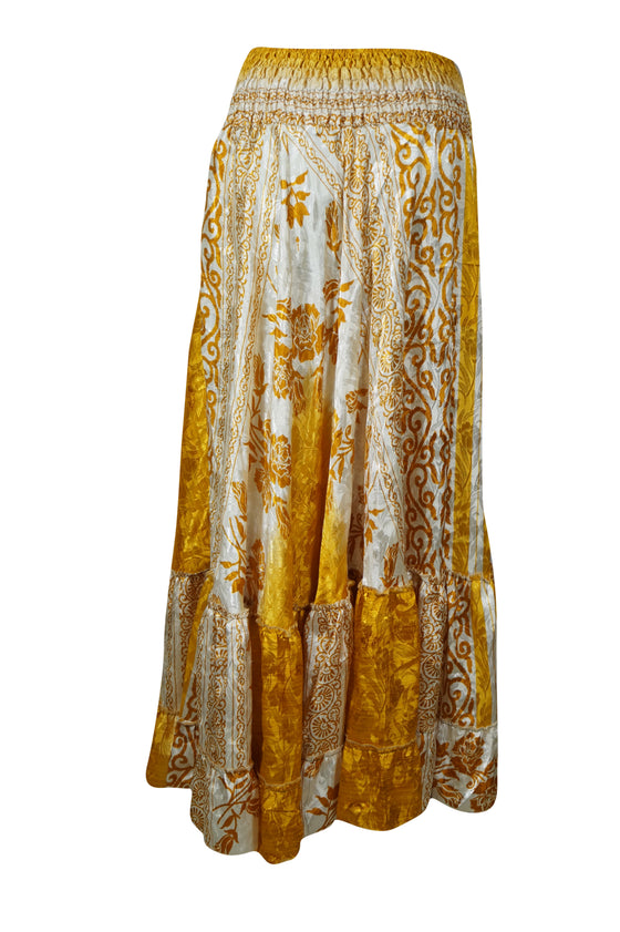 Bohemian Gold Yellow Floral Summer Beach Maxi Skirt Stylish Boho Skirt Dress S/M