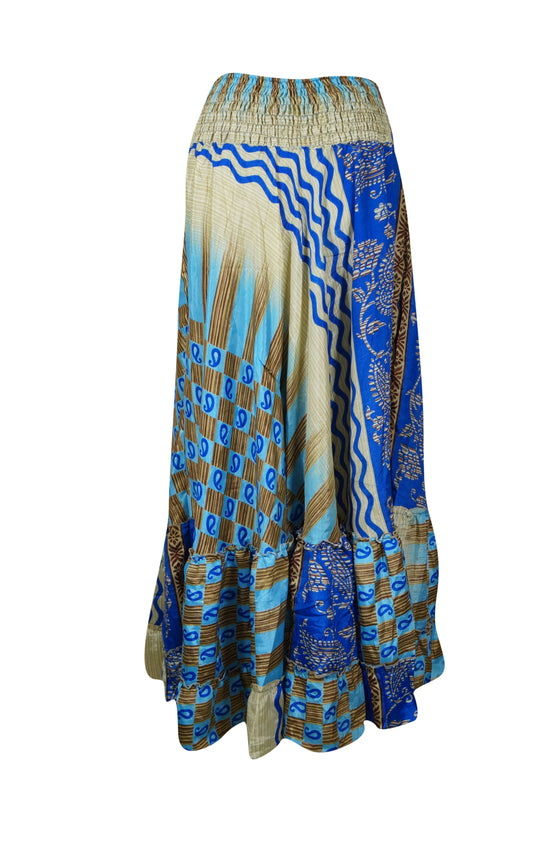 Bohemian Sapphire Blue Floral Beach Maxi Skirt Stylish Boho Skirt Dress S/M