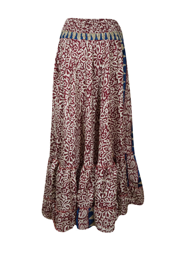 Women's Berry Red Floral Maxi Skirt Boho Ruffle Long Skirt ML