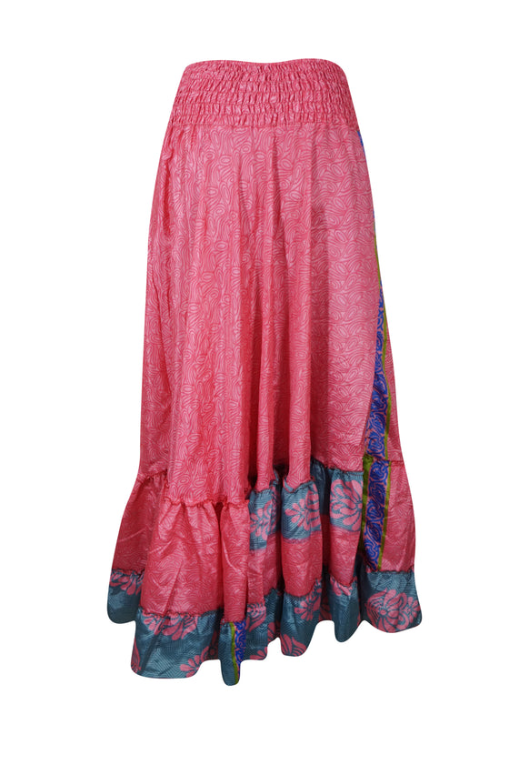 Summer Dark Pink Floral Beach Maxi Skirt Patchwork Boho Skirt Dress S/M