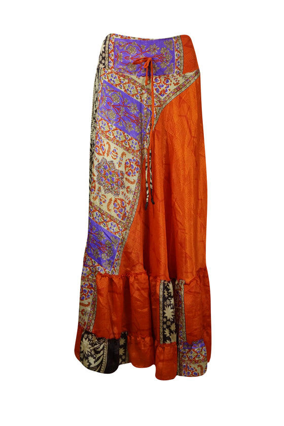 Womens Bright Orange Floral Maxi Skirt Boho Ruffle Long Skirt ML