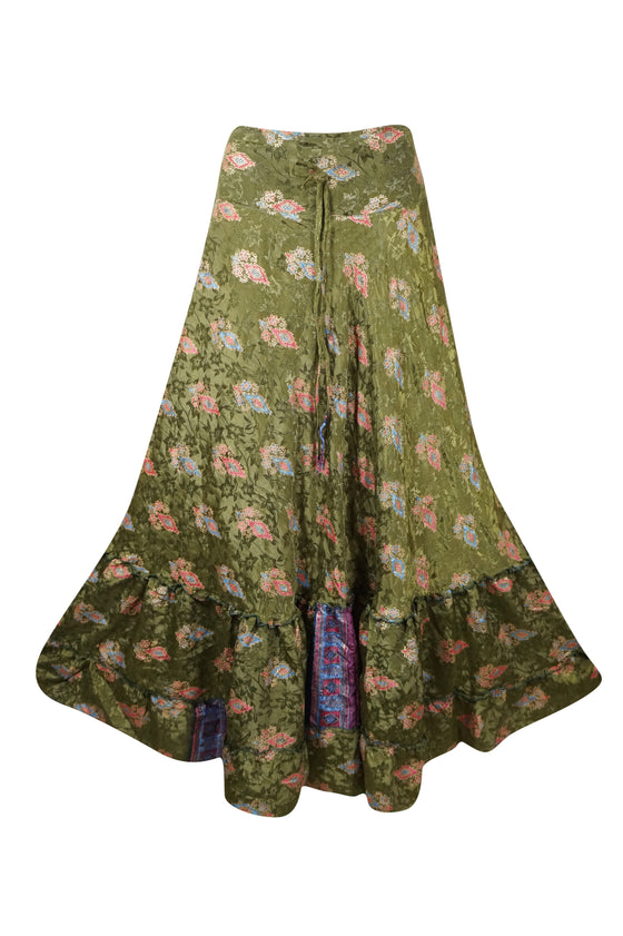 Womens Olive Green Floral Beach Maxi Skirt Tiered Ruffle Boho Skirt ML