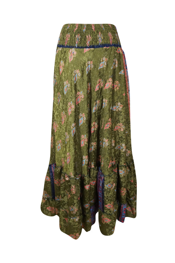 Womens Olive Green Floral Beach Maxi Skirt Tiered Ruffle Boho Skirt ML