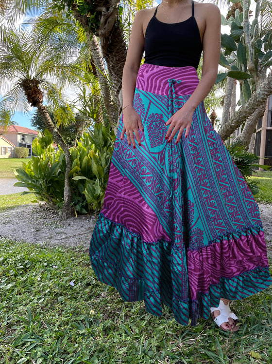 Womens Blue, Pink Floral Beach Maxi Skirt Tiered Ruffle Boho Skirt ML