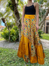 Womens Gold Orange Floral Maxi Skirt Boho Ruffle Long Skirt ML