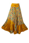 Womens Gold Orange Floral Maxi Skirt Boho Ruffle Long Skirt ML