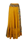 Womens Gold Orange Floral Maxi Skirt Boho Ruffle Long Skirt ML