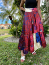 Summer Dark Pink Floral Beach Maxi Skirt Tiered Ruffle Boho Skirt ML