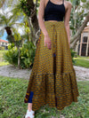 Womens Yellow Blue  Floral Maxi Skirt Boho Ruffle Long Skirt ML