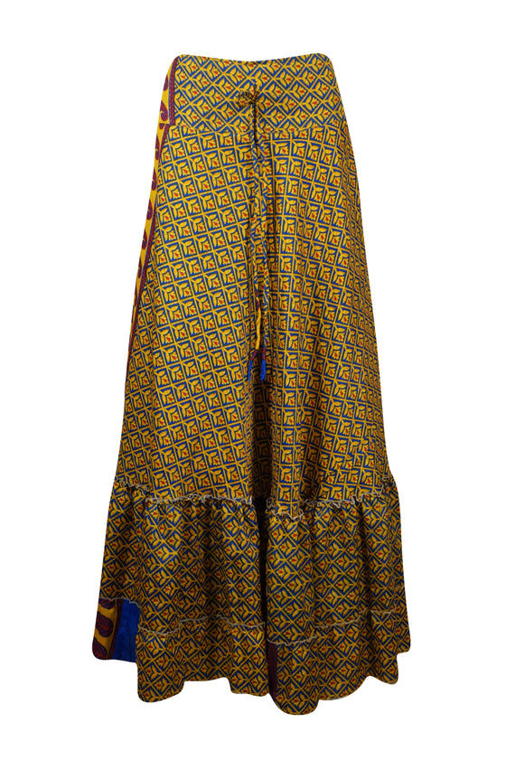 Womens Yellow Blue  Floral Maxi Skirt Boho Ruffle Long Skirt ML