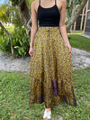 Womens Olive Green Purple Floral Maxi Skirt Boho Ruffle Long Skirt ML