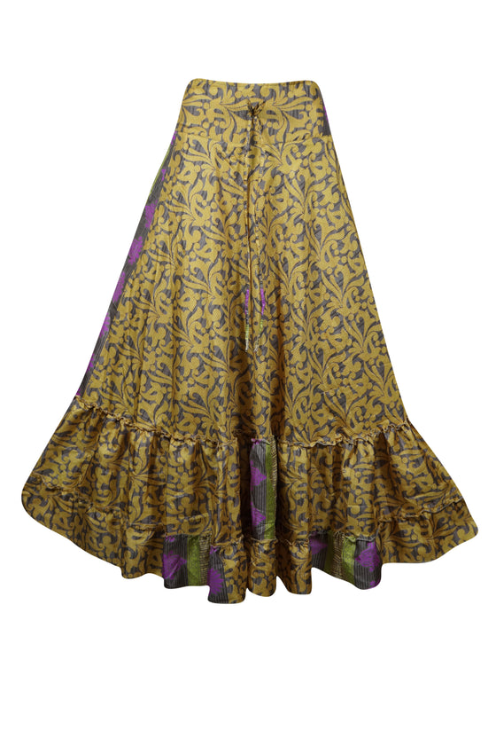 Womens Olive Green Purple Floral Maxi Skirt Boho Ruffle Long Skirt ML