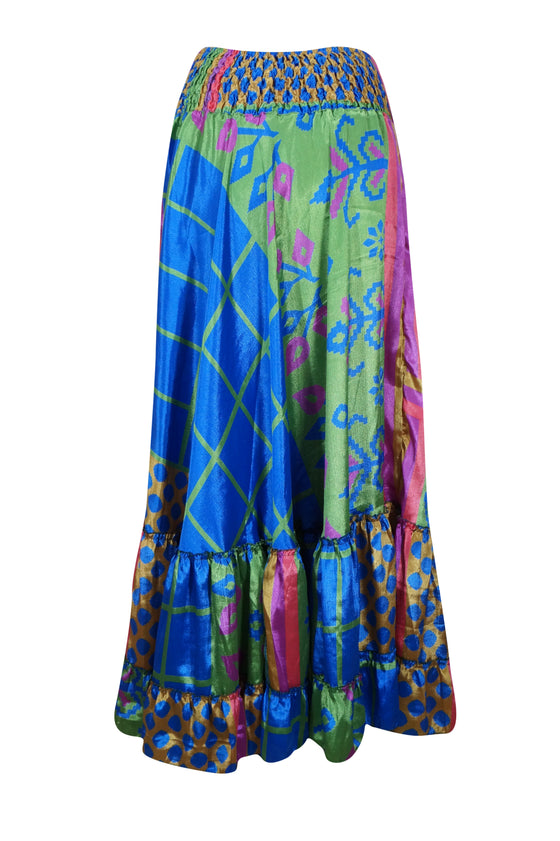 Womens Blue, Green Floral Beach Maxi Skirt Tiered Ruffle Boho Skirt ML