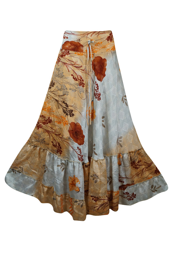 Womens White, Orange Floral Maxi Skirt Boho Ruffle Long Skirt ML