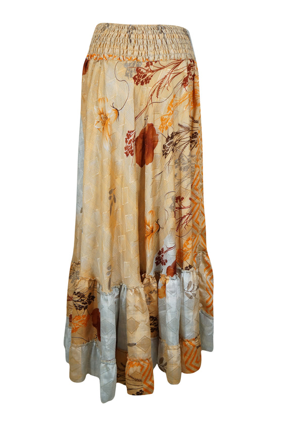 Womens White, Orange Floral Maxi Skirt Boho Ruffle Long Skirt ML