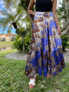 Womens Blue, Brown Floral Beach Maxi Skirt Tiered Ruffle Boho Skirt ML