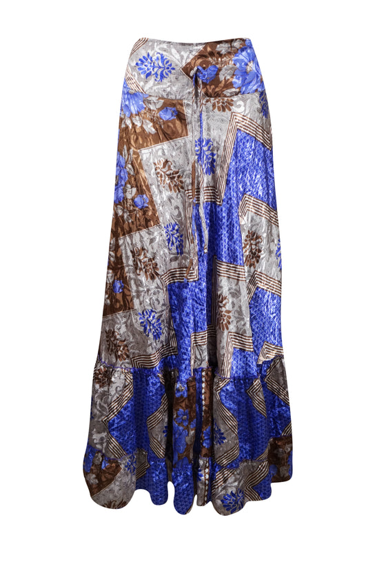 Womens Blue, Brown Floral Beach Maxi Skirt Tiered Ruffle Boho Skirt ML