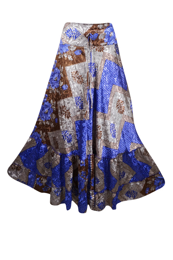 Womens Blue, Brown Floral Beach Maxi Skirt Tiered Ruffle Boho Skirt ML