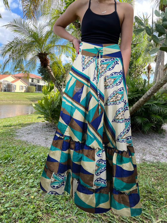 Womens Blue, White Floral Beach Maxi Skirt Tiered Ruffle Boho Skirt ML