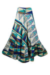 Womens Blue, White Floral Beach Maxi Skirt Tiered Ruffle Boho Skirt ML