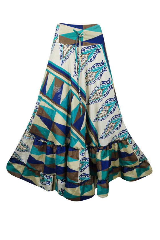 Womens Blue, White Floral Beach Maxi Skirt Tiered Ruffle Boho Skirt ML