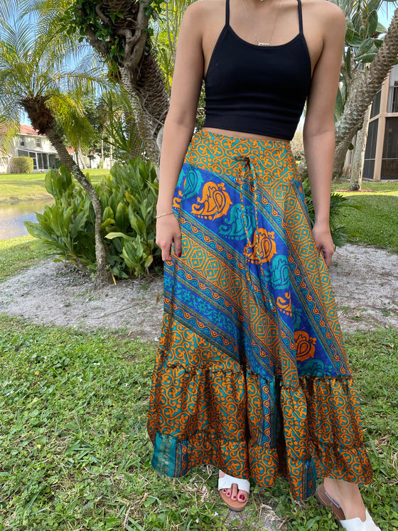 Womens Blue, Orange Floral Beach Maxi Skirt Tiered Ruffle Boho Skirt ML