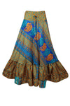 Womens Blue, Orange Floral Beach Maxi Skirt Tiered Ruffle Boho Skirt ML